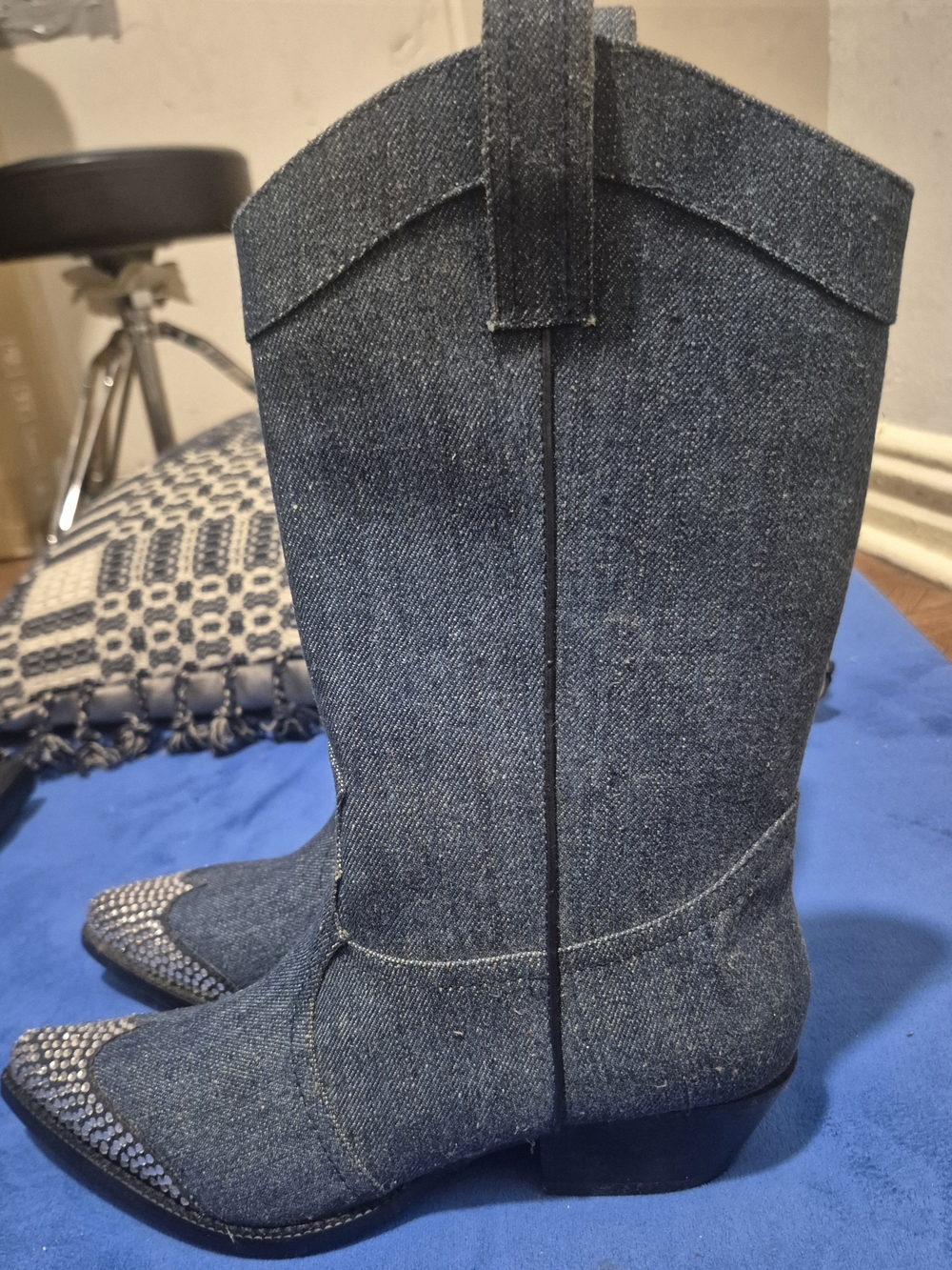 Western-Style Men's Denim Boots - Blue